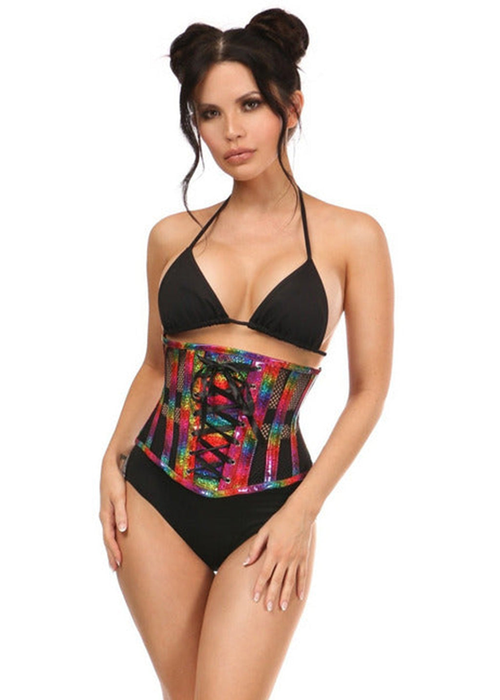 Rainbow Holo Glitter Steel Boned Underbust Corset main image 1