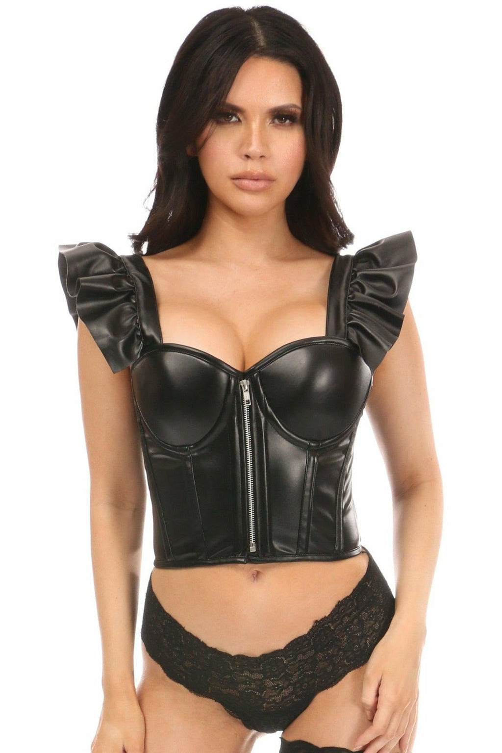 Lavish Black Fishnet & Faux Leather Lace-Up Short Bustier Top