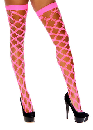 Neon Pink Diamond Net Thigh Highs