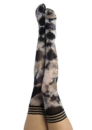MacKenzie: Black and White Tie Dye Thigh Highs. Petite to Plus Size
