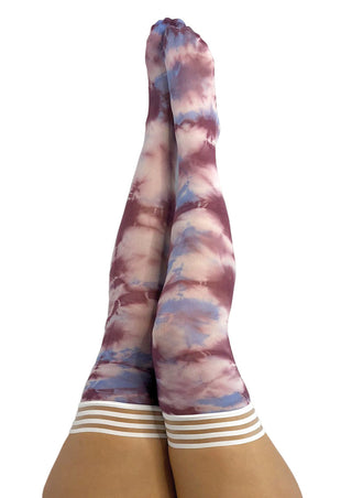 Madisen: Blue and Purple Tie Dye Thigh Highs. Petite to Plus Size