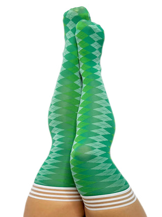Par 4 - Green Argyle Thigh Highs. Petite to Plus Size