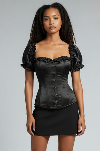 Top Drawer Steel Boned Black Satin Overbust Corset w/Sleeves