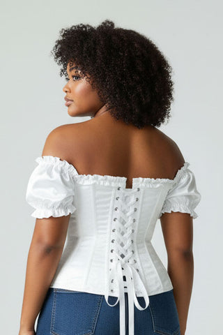 Top Drawer Steel Boned White Satin Overbust Corset w/Sleeves
