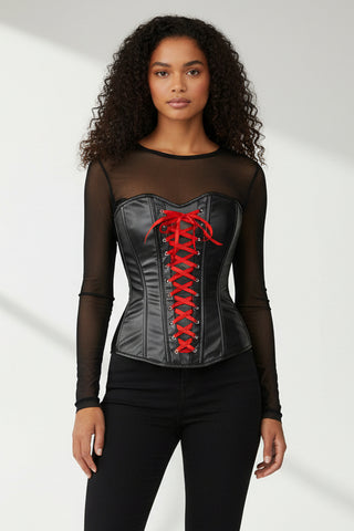 Lavish Wet Look Faux Leather Red Lace-Up Over Bust Corset