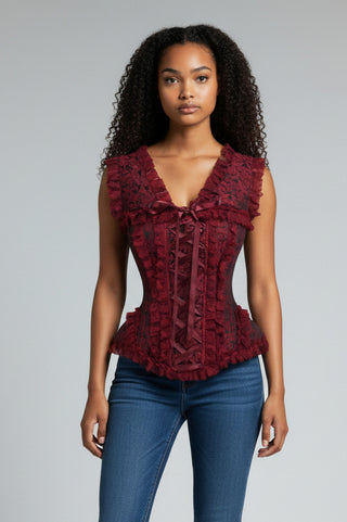 Top Drawer Red/Black Brocade & Lace Steel Boned Corset w/Cap Sleeves
