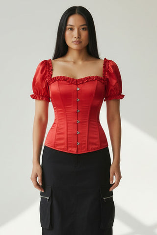 Top Drawer Steel Boned Red Satin Overbust Corset w/Sleeves