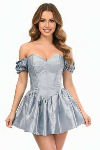 Top Drawer Steel Boned Dusty Blue Brocade & Taffeta Corset Dress
