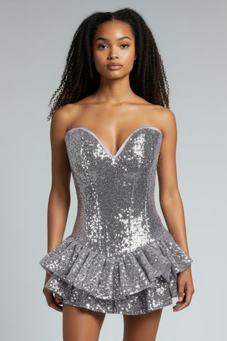 Top Drawer Silver Sequin Steel Boned Mini Corset Dress