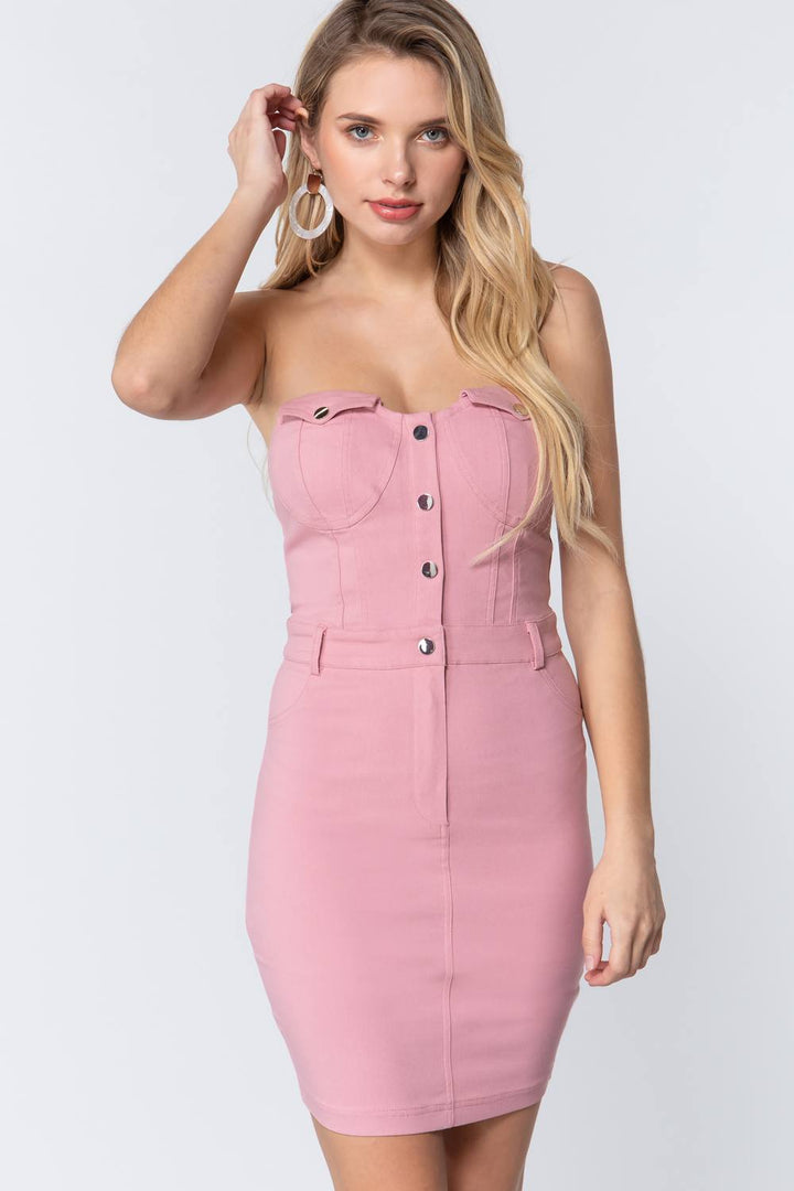 Strapless Button Down Mini Dress Modern Pink