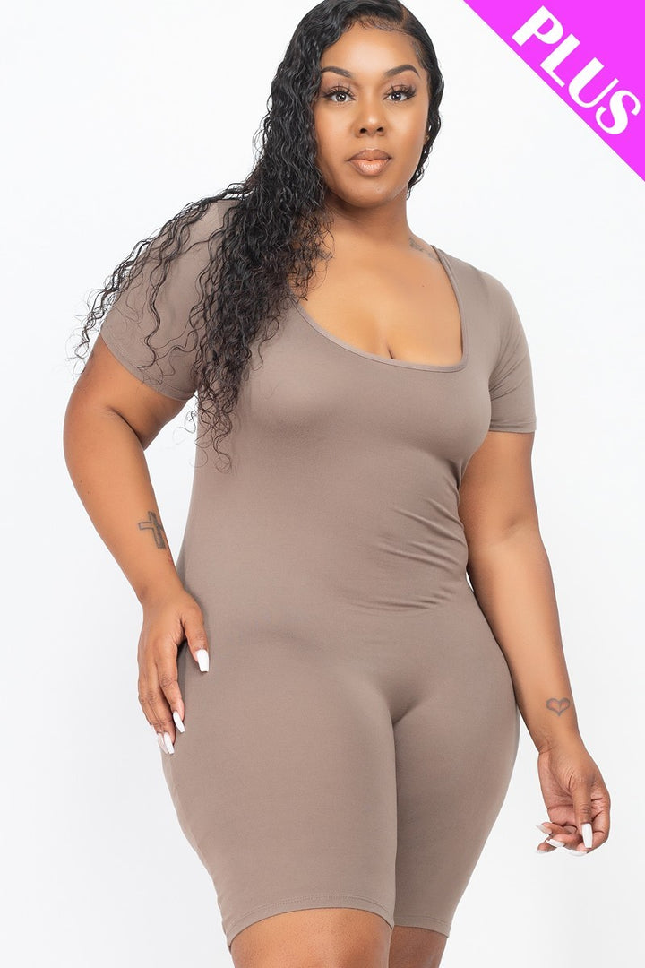 Plus Size Short Sleeve Bodycon Romper Taupe