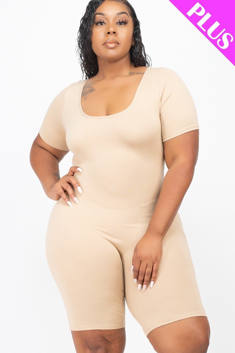 Plus Size Short Sleeve Bodycon Romper Beige