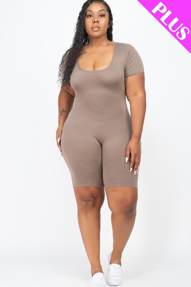 Plus Size Short Sleeve Bodycon Romper Taupe