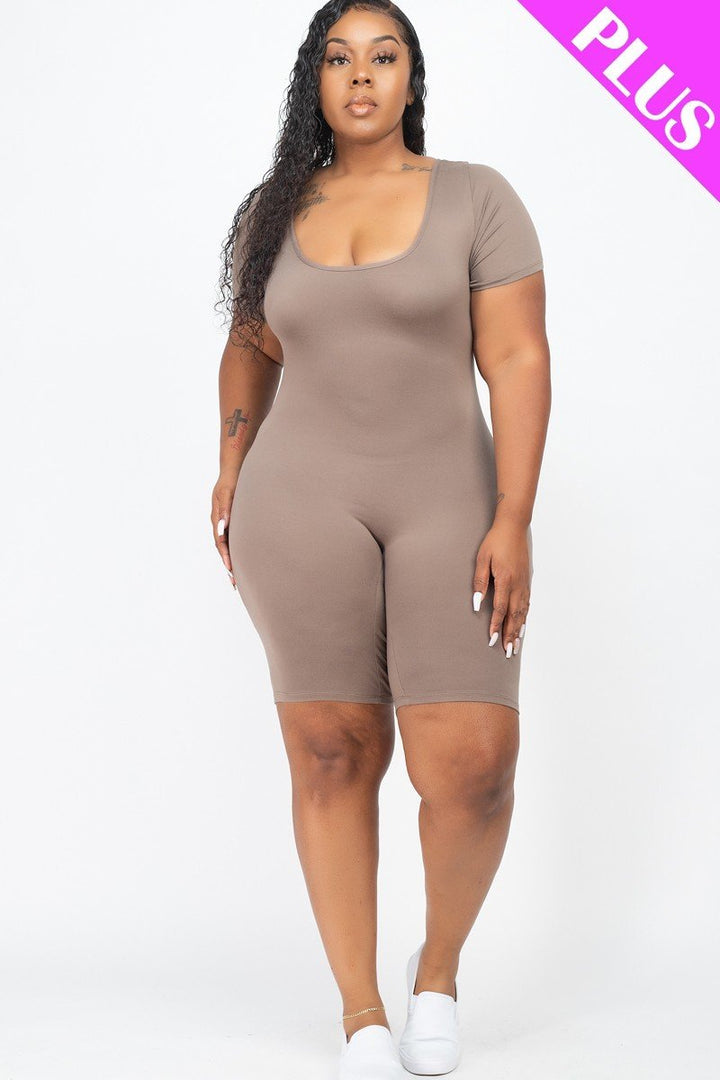 Plus Size Short Sleeve Bodycon Romper Taupe