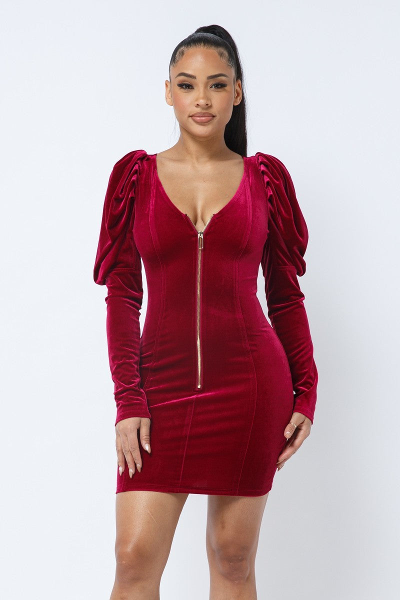 Soft Velvet Pleated Puff Sleeve Mini Dress Dark Red