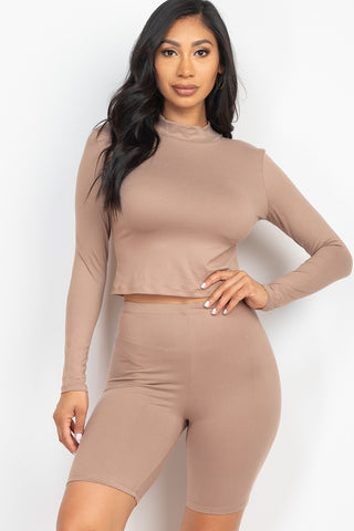 Mock Neck Top & Biker Shorts Set Taupe