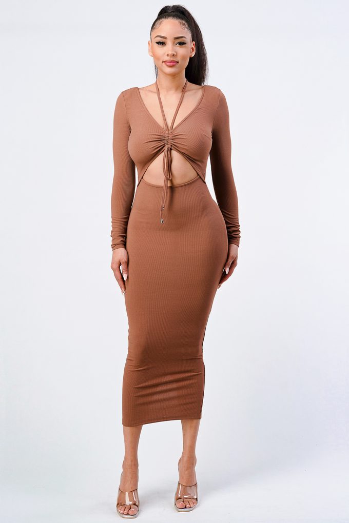 Front Shirring Cut-out Long Sleeved Dress Mocha