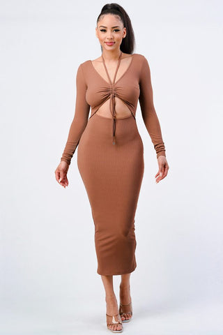 Front Shirring Cut-out Long Sleeved Dress Mocha