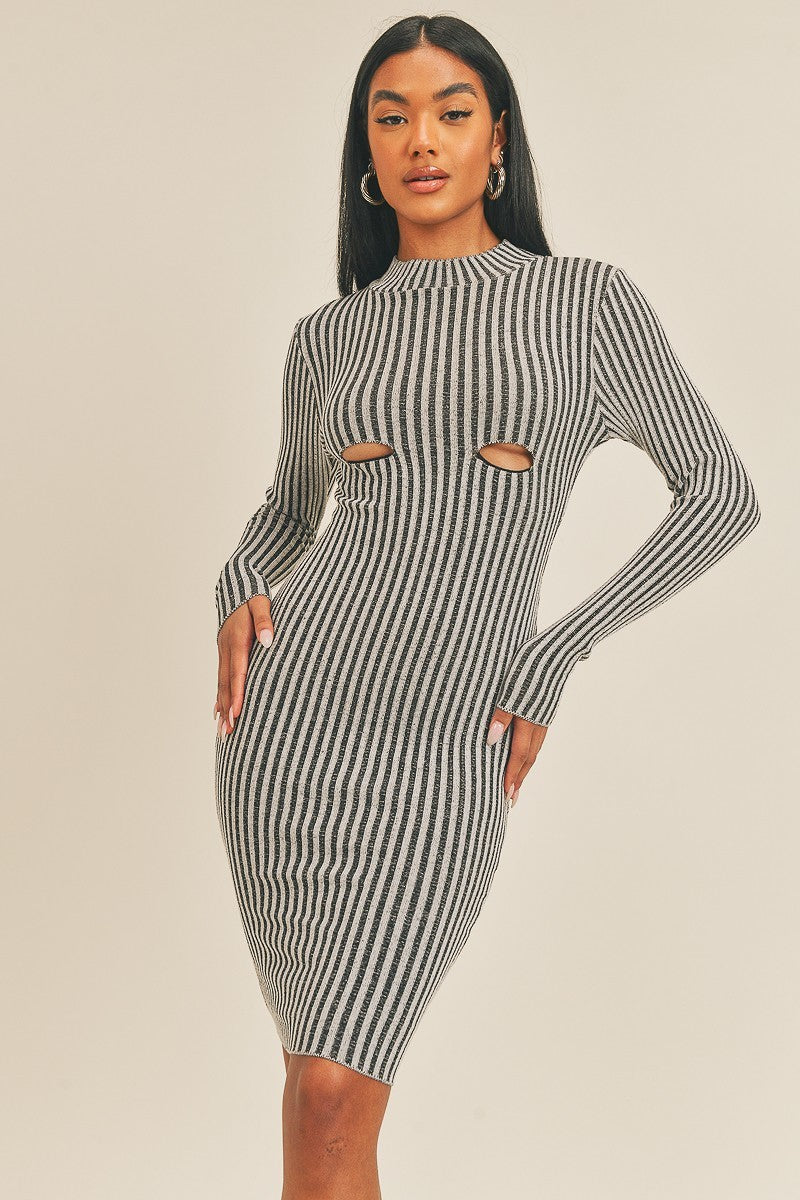 Long Sleeve Stripe Print Midi Dress Black/White