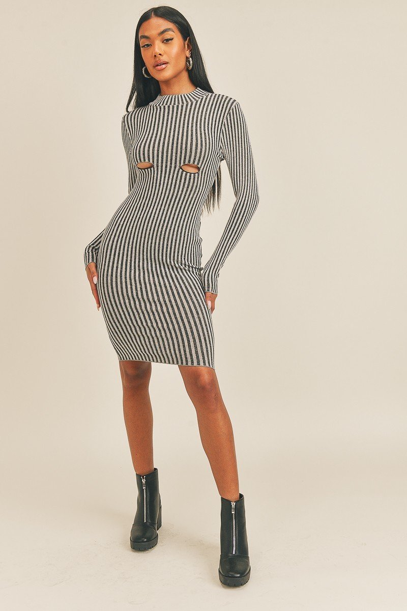 Long Sleeve Stripe Print Midi Dress Black/White