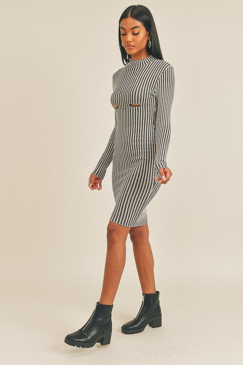 Long Sleeve Stripe Print Midi Dress Black/White