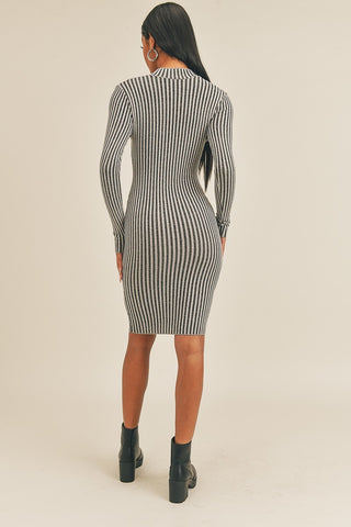 Long Sleeve Stripe Print Midi Dress Black/White