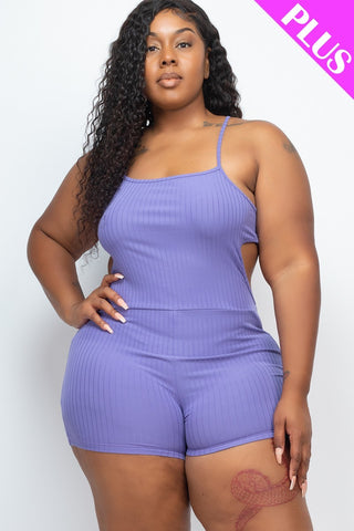 Plus Ribbed Sleeveless Back Cutout Bodycon Active Romper Purple