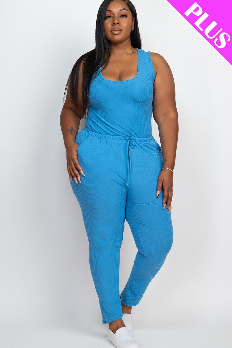 Plus Ribbed Sleeveless Drawstring Jumpsuit Blue