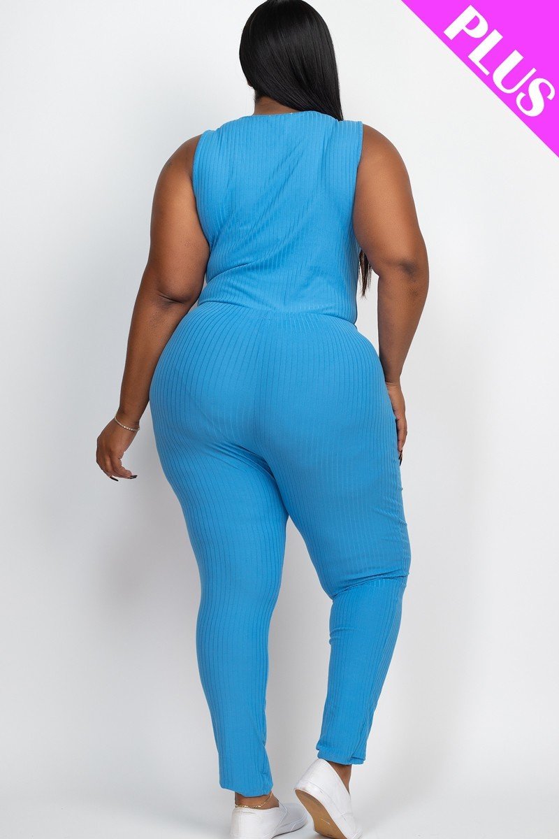 Plus Ribbed Sleeveless Drawstring Jumpsuit Blue