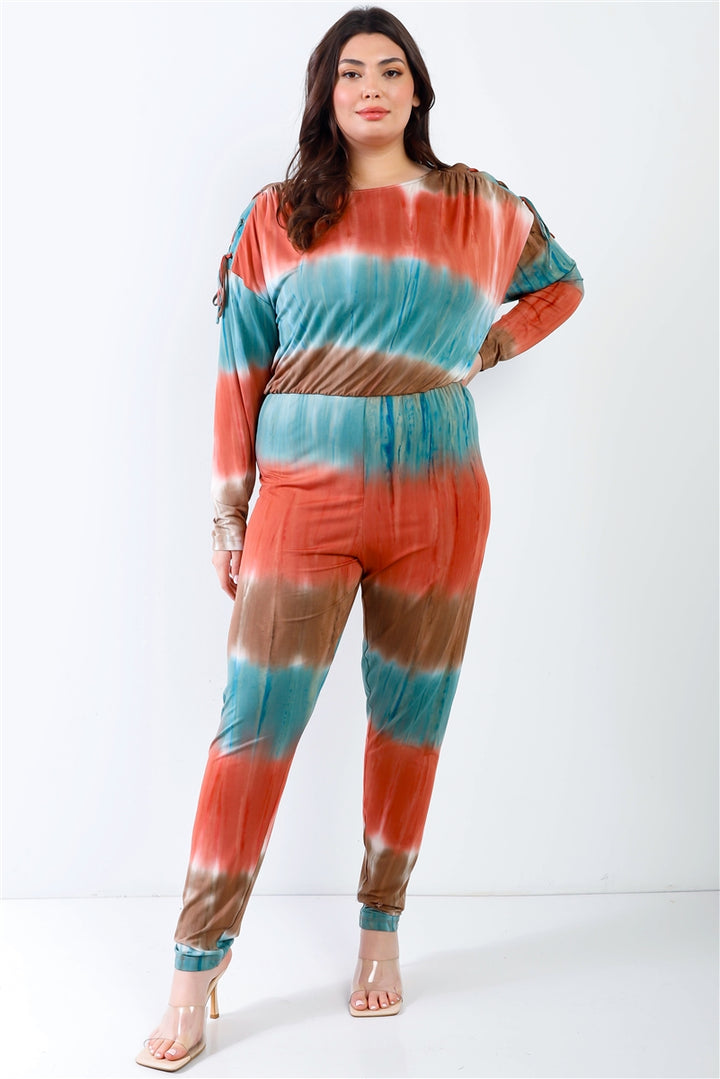 Plus Tie-dye Lace Up Shoulder Jumpsuit