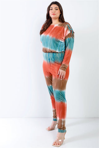 Plus Tie-dye Lace Up Shoulder Jumpsuit