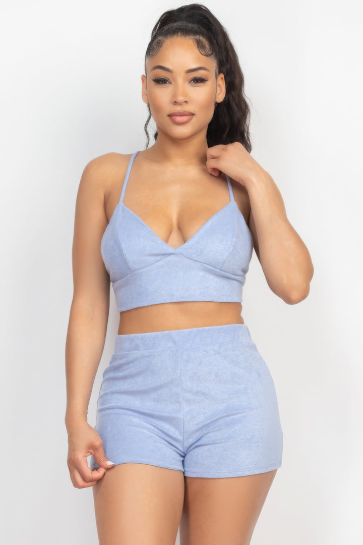 Terry Towel Bralette Top & Mini Shorts Set Blue