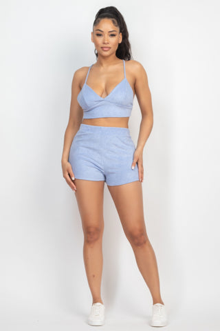 Terry Towel Bralette Top & Mini Shorts Set Blue