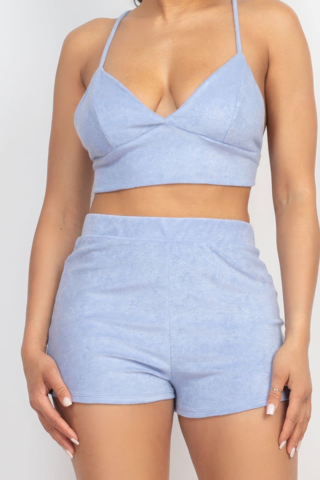 Terry Towel Bralette Top & Mini Shorts Set Blue