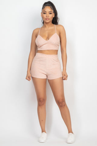 Terry Towel Bralette Top & Mini Shorts Set Tan