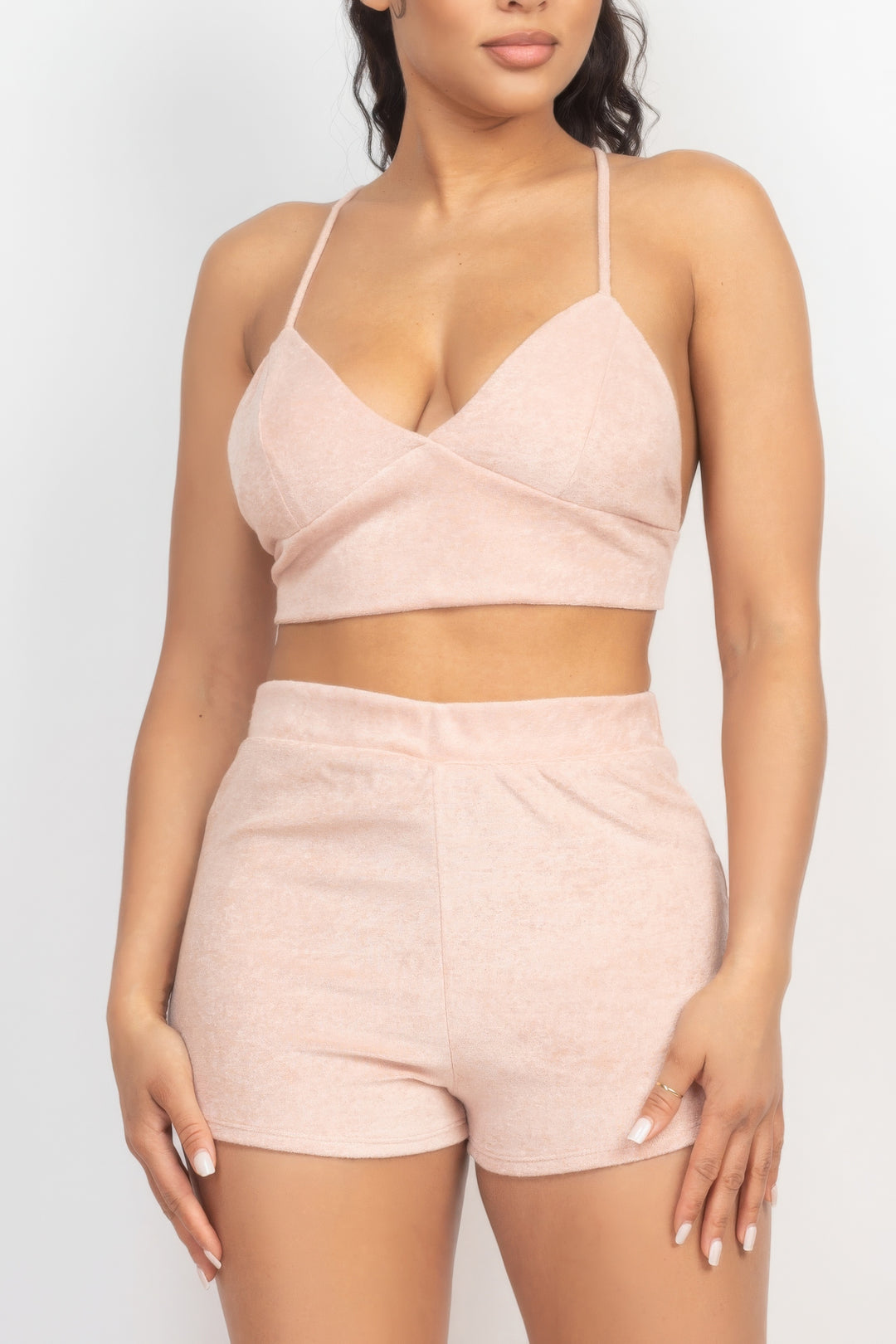 Terry Towel Bralette Top & Mini Shorts Set Tan