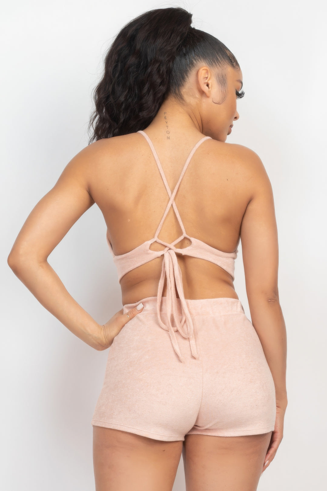 Terry Towel Bralette Top & Mini Shorts Set Tan