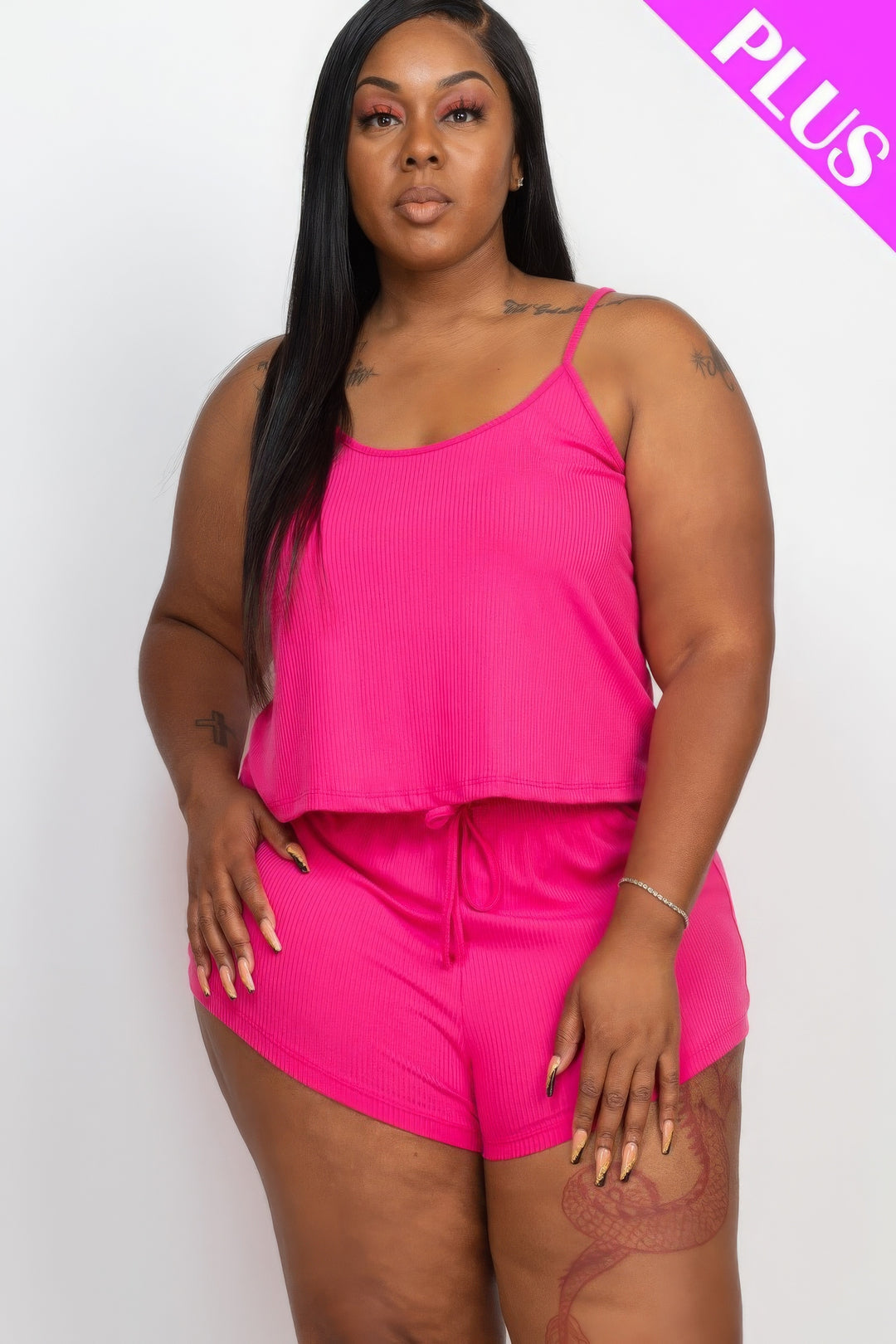 Plus Ribbed Strappy Top And Shorts Set Pink