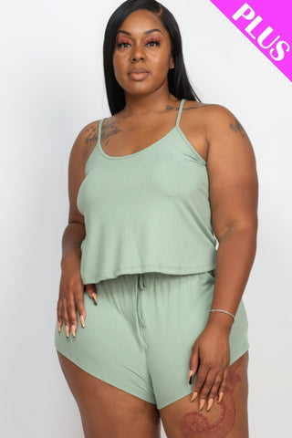 Plus Ribbed Strappy Top And Shorts Set Green Bay