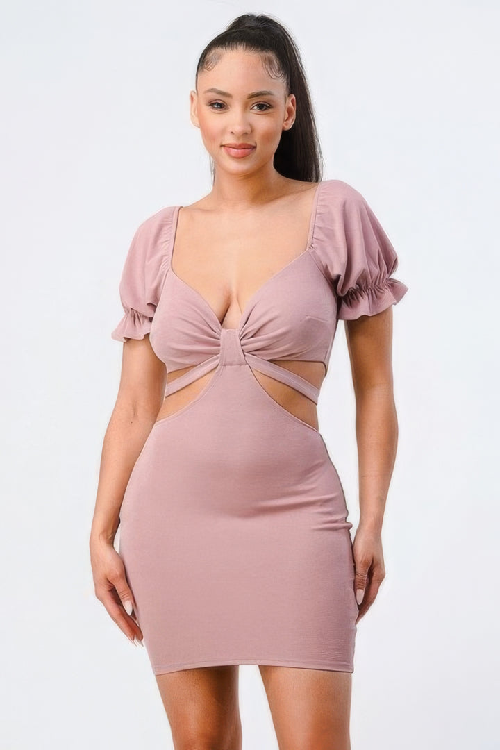 Lux Side Cutout W/ Back Tie Detail Bodycon Dress Mauve