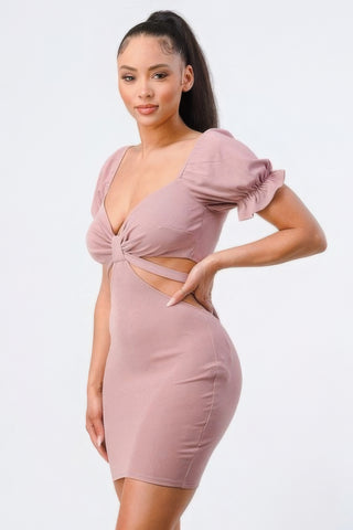 Lux Side Cutout W/ Back Tie Detail Bodycon Dress Mauve