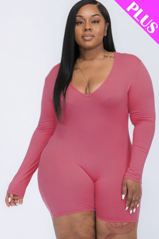 Plus V-neck Long Sleeve Bodycon Romper Mauve