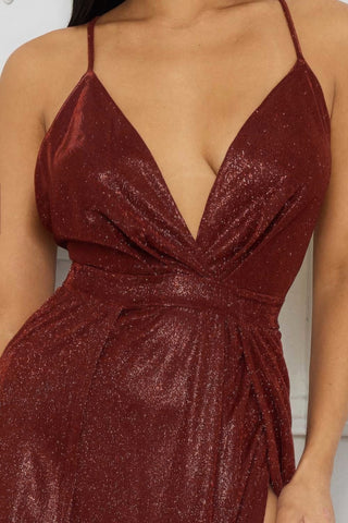 Glitter Fabric Sweetheart Surplice Maxi Dress Burgundy