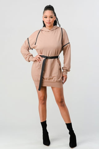 Double Zipper Long Sleeve Hooded Mini Dress Nude