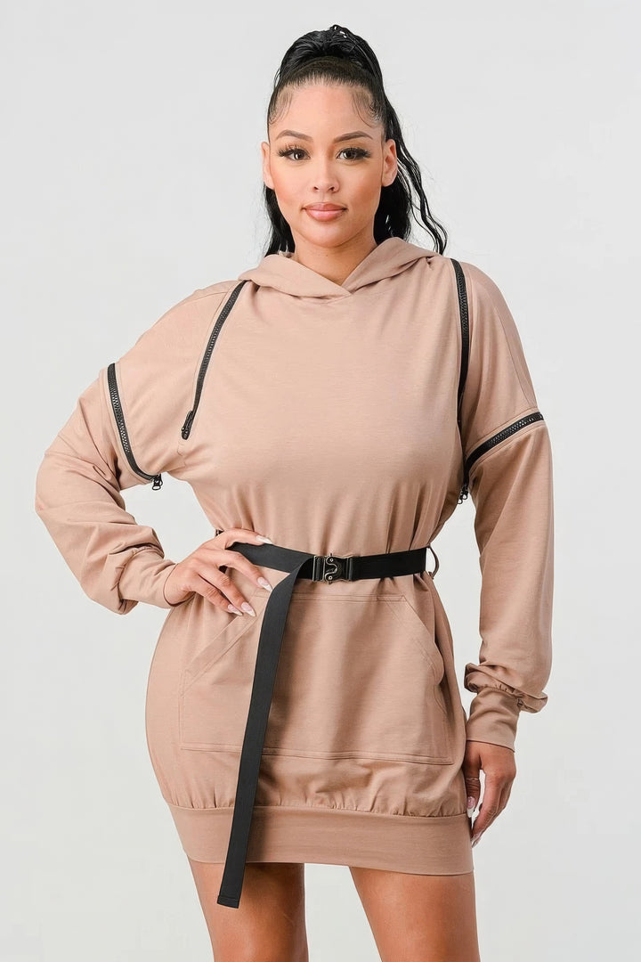 Double Zipper Long Sleeve Hooded Mini Dress Nude