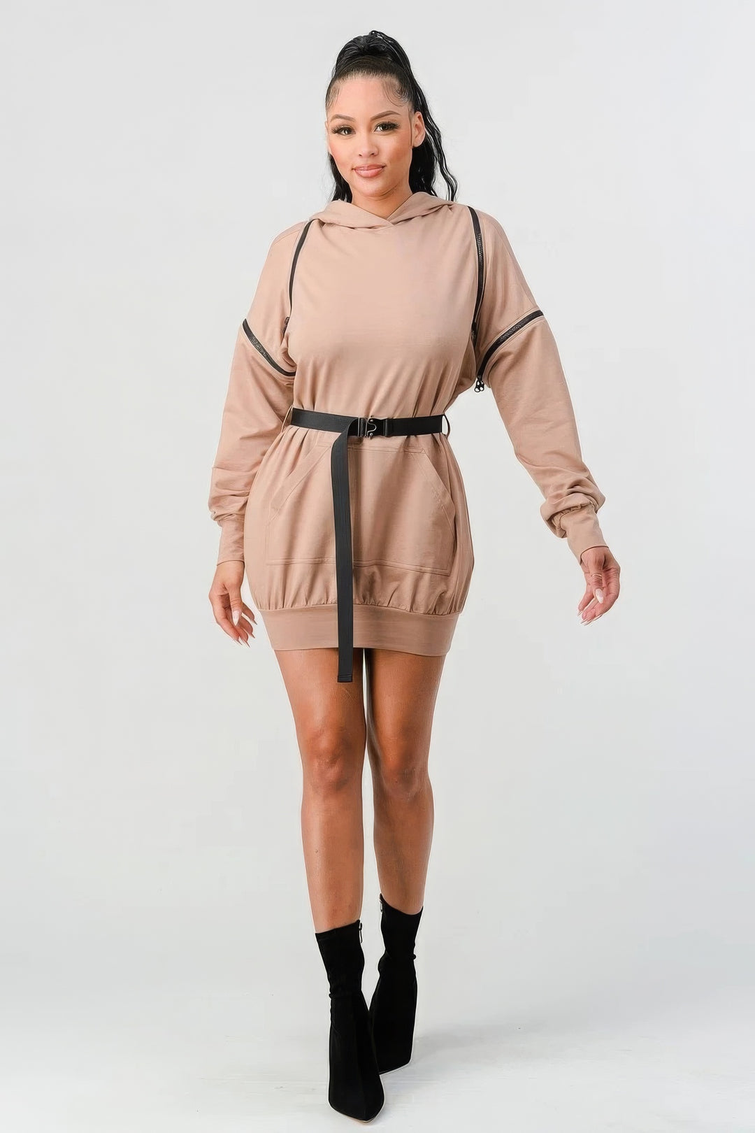 Double Zipper Long Sleeve Hooded Mini Dress Nude