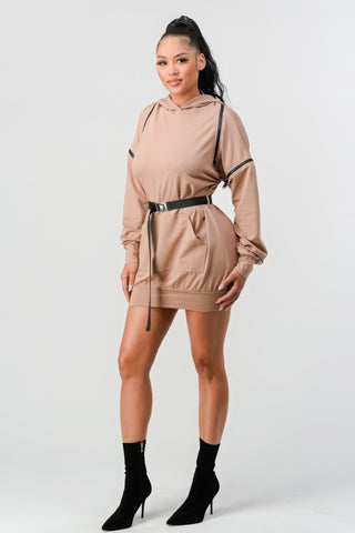 Double Zipper Long Sleeve Hooded Mini Dress Nude