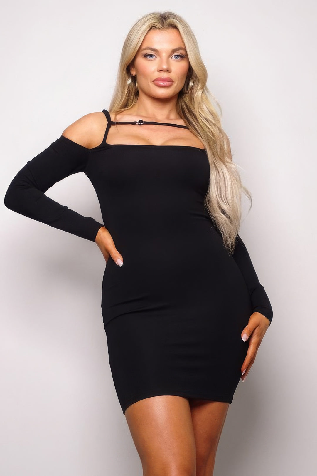 Long Sleeve Cuff Front Strap Mini Dress Black