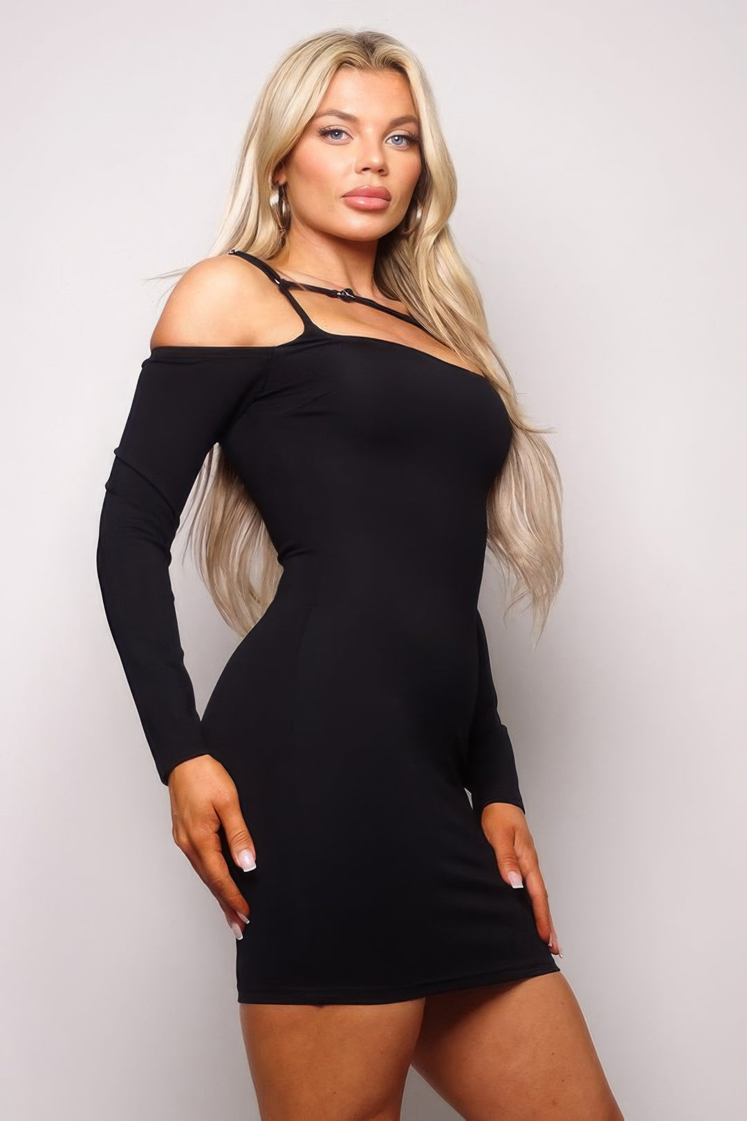 Long Sleeve Cuff Front Strap Mini Dress Black