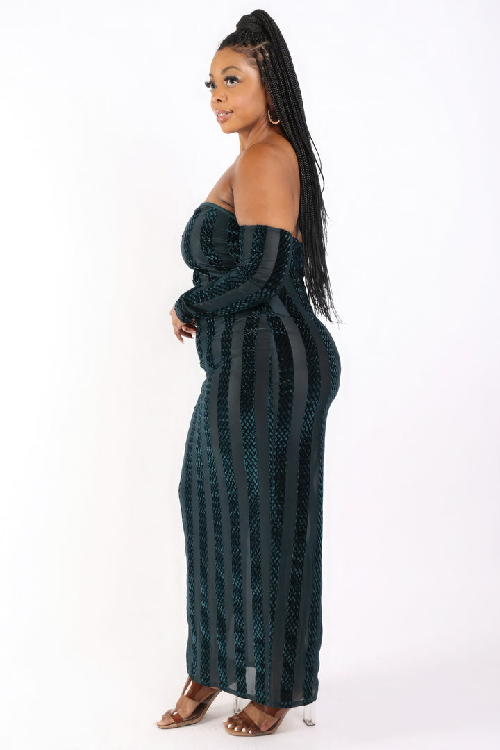 Striped Velvet Off Shoulder Dress Black